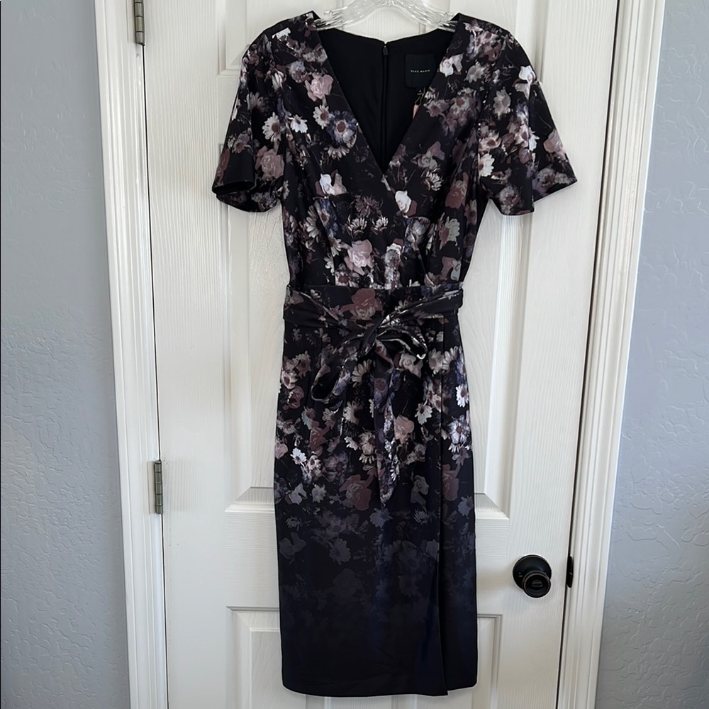 NWT Alex Marie Sylvia black floral dark romantic faux wrap style midi dress 4